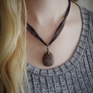 Black Ribbon and Stone Necklace